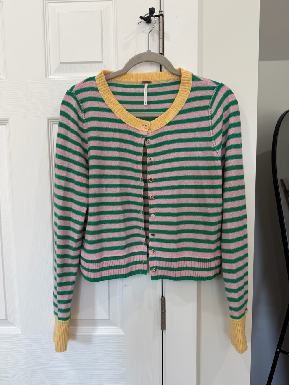 Free People Pink & Green Striped Cardigan with Yellow Trim